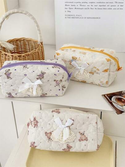 1 pieza Bolsa de maquillaje para mujer con diseño de oso lindo, bolsa de viaje grande para mujer, estuche portátil de almacenamiento de cosméticos y brochas con cremallera, organizador de cosméticos multifuncional grande, estuche de maquillaje de viaje pequeño, accesorios, soporte de brochas