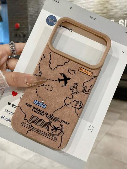 1pc Vintage Travel Map "GOOD LUCK" Slogan, Airplane Pattern Printed Brown Faux Leather Texture Shockproof Anti-Slip Anti-Scratch Phone Case, Retro Roaming Aesthetic Design, Raised Camera Lens Full Protection, Compatible With IPhone 11/12/13/14/15/16/16 Plus/16 Pro/16 Pro Max/17/17 Pro/17 Pro Max, Suitable For Travel Lovers, Retro Style Fans, Graduation Season, Birthday And Daily Use, Funda Celular, Phone Accessories, Quick Ship