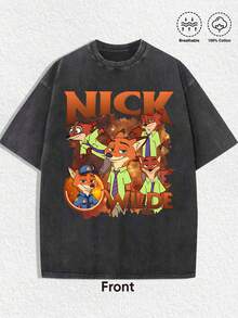 Disney-American Retro Vintage Vintage Washed With Water | Nick Wilde Multi Grid Printed Short Sleeved T-Shirt From Zootopia - 黑色 - 查看 3