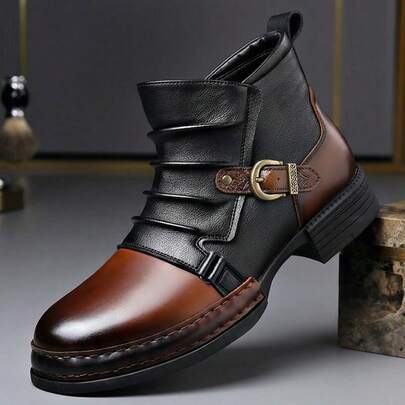 New Men's Plus Size Thick Soled Contrasting Stitching Ankle Boots, Pleated Texture Metallic Texture Street Casual Shoes