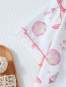 2pcs Women Pajama Set, Pink Shell Print Shirt With Collar & Button, And Bow Shorts, Sleepwear & Loungewear - Pink - View 4