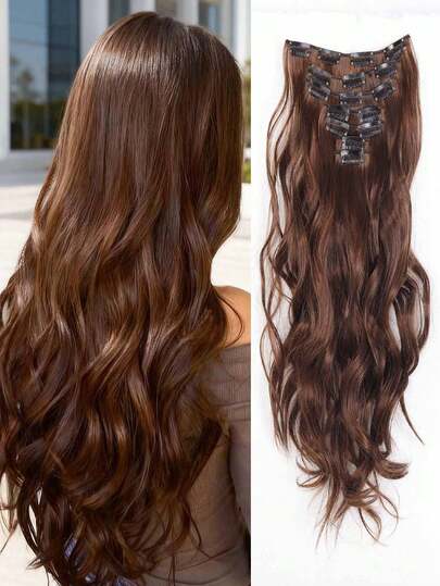 Extensiones de cabello ondulado con clip de 18 a 30 pulgadas de largo, set de 7 piezas, piezas de cabello gruesas, diseño de clips invisibles, fibra sintética suave, color negro, para mujeres