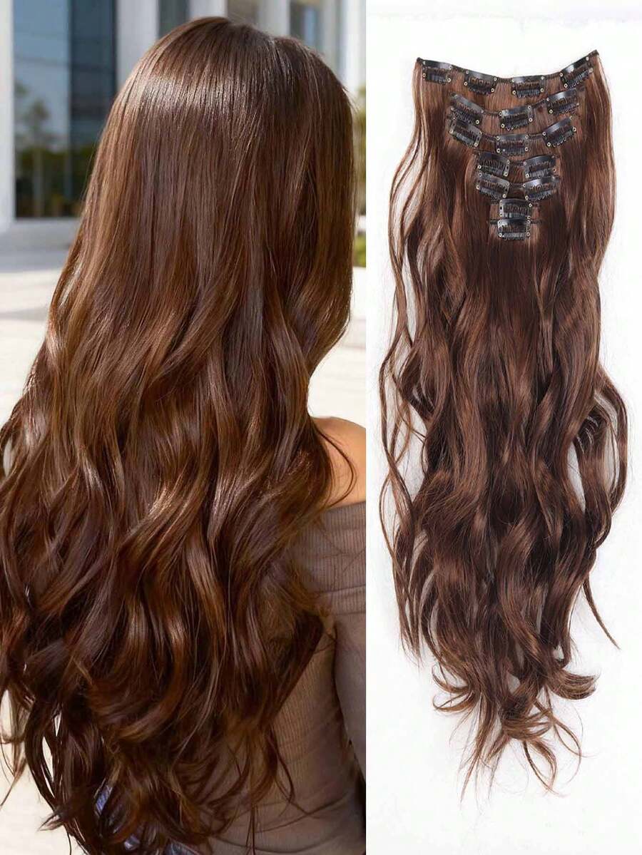 Extensiones de cabello ondulado con clip de 18 a 30 pulgadas de largo, set de 7 piezas, piezas de cabello gruesas, diseño de clips invisibles, fibra sintética suave, color negro, para mujeres