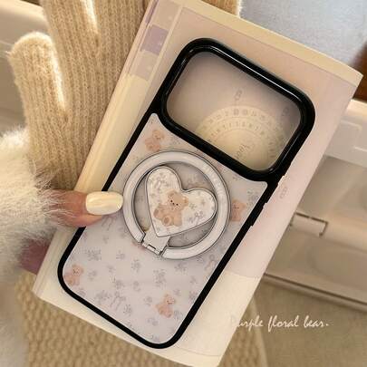 Cute Black Magnetic Phone Case With Purple Bear And Flower Design, Elegant Magnetic Stand Suitable For 17 Pro Max, Apple 16 Pro And 14/15, Floral Pattern, Adorable, Girly, Creative, Geometric, Cartoon Style, Fresh, Niche, Instagrammable
