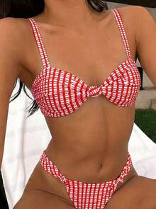 Women's New Plaid Print Twist Knot Strap Sexy Bikini Set Set, Suitable For Beach, Vacation, Date, Party In Spring/Summer - Multicolor - View 1
