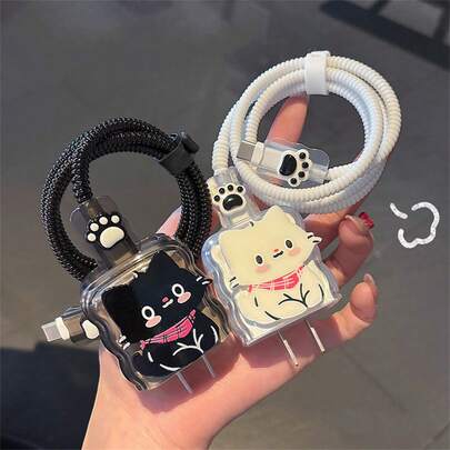 5件套可爱卡通黑白猫爪保护套，适用于18/20W充电器适配器保护套，兼容 11/12/13/14/15/16/17 Pro Max/Plus，二合一保护壳组合