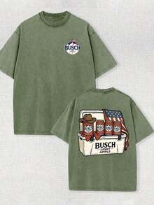 2026 New Men's 100% Cotton Oversized T-Shirt, Vintage Acid Washed Finish, "Busch Light Apple" Cooler & Cowboy Hat Graphic Print, Americana Streetwea - 軍綠色 - 查看 6