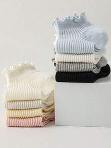 4/5/8 pares de calcetines cortos de mujer de unicolor, clásicos y versátiles, con borde de volantes transpirables. Calcetines de estilo Lolita minimalista con encaje y rayas verticales, adecuados para uso diario, casual, deportivo, viajes y regalos para todas las festividades, primavera/verano - Multicolor - Ver 2