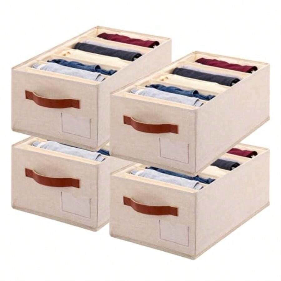 Paquete de 4 Organizador de Closet Ropa 7 Compartimentos Organizador de Cajones para Ropa Plegables Organizadores de Ropa Interior Con Compartimentos y Asas Ideal para Camisas Jeans beige - Beis - Ver 1