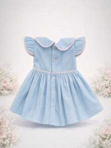 Girl's Dress With Delicate Floral Print, Classic Peter Pan Collar, Ruffles, Short Sleeves, Elegant Pom-Poms, Full Skirt, Comfortable Soft Cotton, Premium Fabric, Party, Birthday, Christening, Special Events, Charming Look, Children's Fashion, Princess Style, Casual Chic, Spring/Summer, Girls' Clothes, Comfort, Sweet, Blogger Look, Photography, Outing, Perfect Gift, Charming, Stylish, Floral Print - 藍色波點 - 查看 5