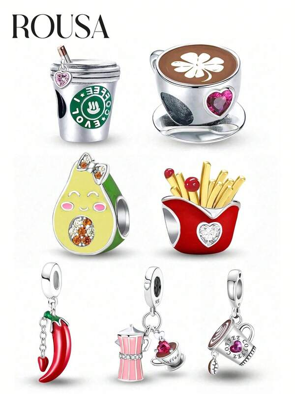 1 pieza Pulsera/Brazalete de cuentas de plata de ley 925 con tema de té y café casual, adecuado para hacer joyas DIY y uso diario, apto para niñas/mujeres, también se puede usar como suministros escolares