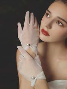 Găng tay ngắn bằng vải tuyn mỏng màu trắng ngà thanh lịch dành cho cô dâu - Đính ngọc trai lớn, phong cách cổ tích lãng mạn kiểu Hàn Quốc Nhật Bản, thích hợp cho đám cưới, tiệc cô dâu, tiệc đính hôn và chụp ảnh. - trắng - Xem 2