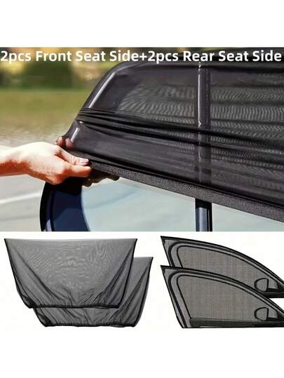 4-Piece Black Mesh Car Window Screen Set, Universal For Front And Rear Windows, RV Sunshade, Camping Comfort, Durable Material.