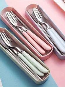 3pcs Portable Cutlery Set, Stainless Steel Reusable Utensils, Suitable For Picnic, Camping, Travel, Home, Kitchen, Dining, Student, Holiday Gift, Back To School, Office - Multicolor - View 2