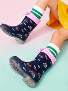 Toddler Rain Boots With Adjustable Drawstring – Lightweight Non-Slip PVC Rain Shoes For Girls, Cute Navy Rainbow Design With Pink Trim - Navy Blue - View 2