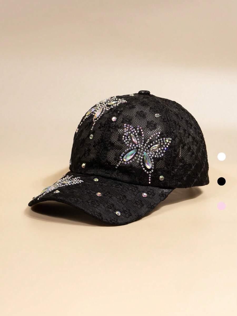 1顶女士蕾丝镂空蝴蝶装饰棒球帽，饰有AB水钻，适合春、夏、秋季佩戴的休闲帽