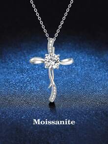 BLOVEMEE 1件优雅奢华925纯银1克拉6.5毫米莫桑石十字项链，适合女性日常佩戴、派对、节日、情人节、母亲节、结婚纪念日等场合，是馈赠佳品。 - 銀色 - 查看 5