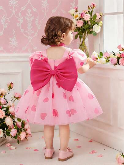 Baby Girls' Thick Strap Backless Bow Heart Print Organza Cute Wedding Flower Girl Party Dress, Suitable For Birthday, Valentine's Day, Photo Shoot, Fabric & Print Design May Vary, Headband Not Included