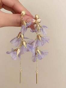 1 Pair Gauze Flower Metal Pendant Long Dangle Earrings, Casual Resort Fashion Beach Party Earrings For Women - 紫色 - 查看 7