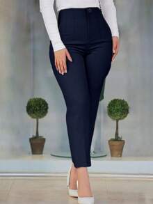 Pantalones rectos de unicolor con bolsillo, botón, cremallera y tela elástica, ajuste ceñido, para uso casual y oficina, primavera/verano - Azul Marino - Ver 3
