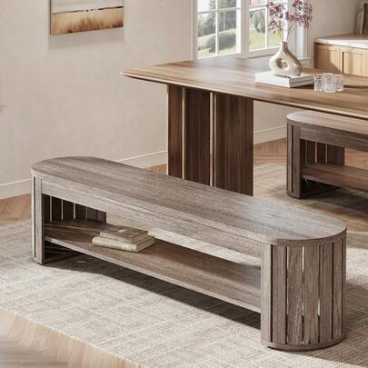 LITTLE TREE 63" Wooden Dining Bench, Farmhouse Entryway Bench With Arc Vertical Slat Splicing Legs, Kitchen Dining Seat For Dining Room, Living Room, Home Office