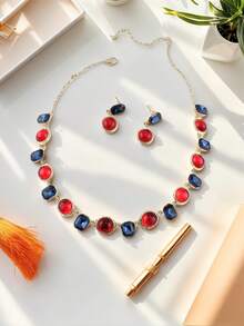 Conjunto de 3 piezas de estilo saudí vintage lujoso, regalo de Eid Al-Fitr, pendientes y collar con cristales geométricos exagerados en rojo + azul, accesorio para novia, boda, fiesta y vacaciones para mujeres - Dorado - Ver 2