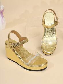 1 Pair Elegant Solid Color Crystal Wedge Sandals, Suitable For Outdoor Wear In Spring And Autumn - Gold - View 10