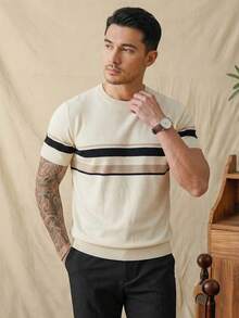 Men's Retro Style Crew Neck Short Sleeve Knit Sweater, Cream Color With Black And Light Brown Striped, Slim Fit - Champagne - View 2