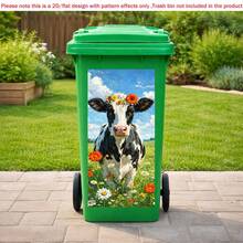1pc Cow 2D Flat Design Trash Can Sticker With Floral Crown And Flower Field Pattern, Self-Adhesive Waterproof Trash Can Decor Sticker Suitable For Outdoor Garden Decoration - A - View 5