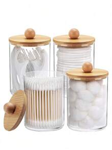 4pcs Accessories With Bamboo Cover Dispensor Holder For Swab, Round Pad, Dental Flosser, Etc. - 10oz Clear Plastic Dispensing Jars Packaging Set For Bathroom/Kitchen Vanity Storage Organizer. - 查看 1