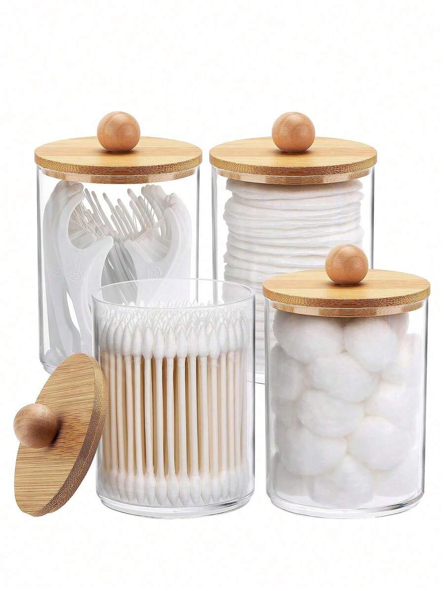 4pcs Accessories With Bamboo Cover Dispensor Holder For Swab, Round Pad, Dental Flosser, Etc. - 10oz Clear Plastic Dispensing Jars Packaging Set For Bathroom/Kitchen Vanity Storage Organizer. - 查看 1