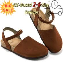 Ecetana Women's Camel Flat Sandals Closed Toe Mules Summer Comfortable Casual Leather Upper Hook And Loop Strap Adjustable Ankle Strap Breathable Resort Vacation Shoes Ladies Walking Sandals Non-Slip Wear-Resistant Rubber Sole Soft Cushioned Insole Arch Support Super Breathable, Women Slide Sandals Handle Hot Weather Versatile Chunky Flat Heel Daily Beach Travel Spring Summer.Platform Sandals,Women Sandals,Sandalias De Mujer Verano,Beach Shoes,Clogs For Women,Beach Sandals For Women. - 駝色 - 查看 1