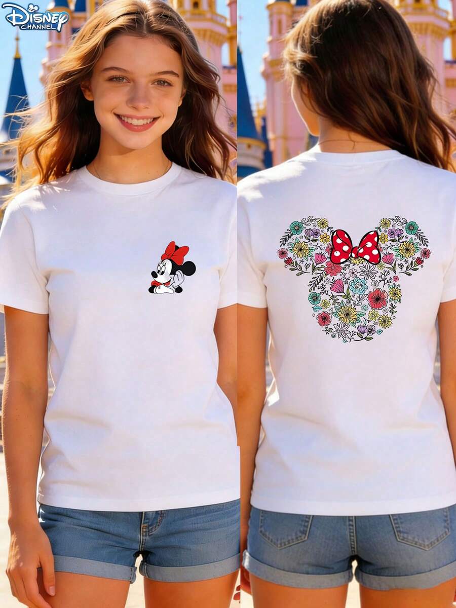 Soft Cotton T-Shirt | Disney Minnie Mouse Floral Head Front & Back Graphic | Casual Daily WearMade From Soft, Comfortable, And Durable Pure Cotton, This Is An Ideal Choice For Spring And Summer. This Crew Neck T-Shirt Is Suitable For Various Occasions, Including Everyday Wear, Shopping, Parties, Travel, And Gatherings, And Also Makes A Thoughtful Gift. - Blanc - Voir 1