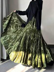 Vintage Print High-Low Hem Velvet Maxi Skirt, Elegant For Dates, Commuting, Suitable For Spring/Autumn Women Summer - Grass Green - View 1