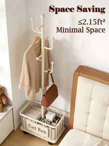 Perchero con cesta de almacenaje, perchero independiente, perchero para sombreros, bufandas, bolsos y ropa, perchero moderno para entrada, perchero móvil para dormitorio, sala de estar, oficina, pasillo, fácil acceso, decoración de pasillo, negro, blanco y dorado. - Blanco - Ver 4