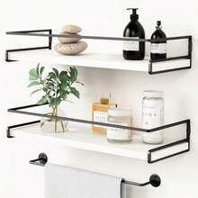 2 Repisas Flotantes de ParedEstantes Flotantes con toallero Estante de Almacenamiento Repisas para Baño Cocina Cuarto Estar Oficina Dormitorio - blanco negro - Ver 8