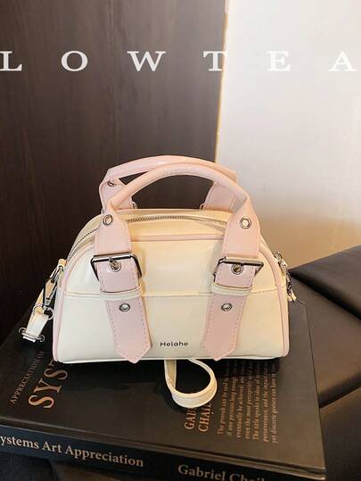  1pc Low Tea Contrast Color PU Leather Handbag, Women's Retro Fashion Bowling Bag, Top Double Handle Design, Zipper Closure, Detachable Adjustable Shoulder Strap, Suitable For Travel, Shopping, Dating, Women's Gift, Great For Commuting, Outdoor, Travel, Hiking