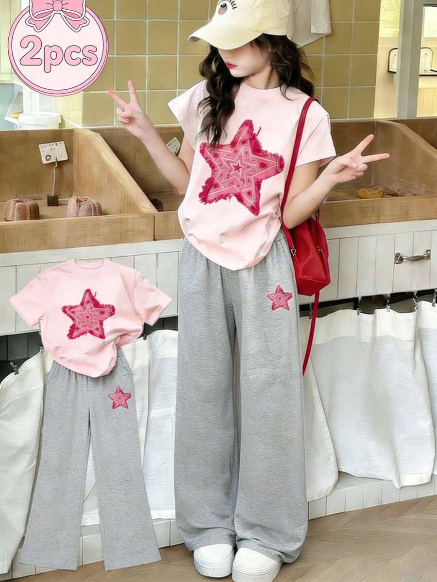 2件套少女星形印花短袖T恤和休闲长裤套装，年轻学生夏季服装 - 彩色 - 查看 1