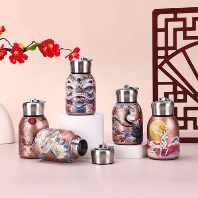 Cốc kiểu Trung Quốc cổ điển mới, làm bằng thép không gỉ 304 có tay cầm, cốc bỏ túi di động chất lượng cao, thích hợp cho văn phòng, xe hơi, giữ ấm tốt.