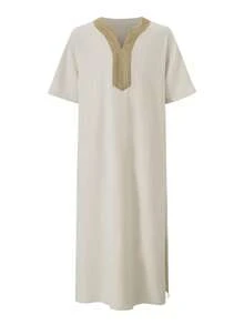 GOLDREDY Men's Casual Long V-Neck Solid Color Soft Woven Fabric Patchwork Embroidered Collar Minimalist Elegant Suitable For Outings, Outdoor Activities, Commuting, Versatile Short Sleeve Robe - Apricot - View 3