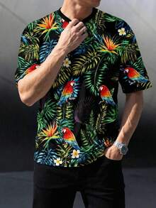 男士热带植物鹦鹉印花宽松落肩T恤，适合夏季海滩度假 - 彩色 - 查看 2