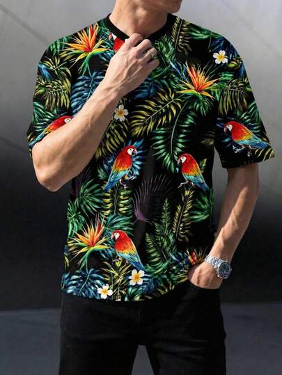 男士热带植物鹦鹉印花宽松落肩T恤，适合夏季海滩度假