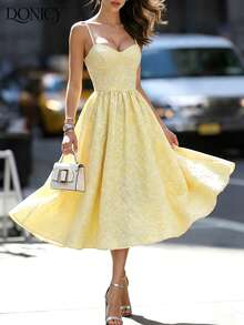Women's Summer Sweetheart Neckline Floral Jacquard Midi Dress, Romantic Light Yellow Spaghetti Strap Vintage Dress, Ruched Bust Design, Suitable For Summer Vacation - Yellow - View 7
