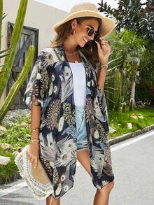 1件女士优雅孔雀印花雪纺和服罩衫，轻盈透气，适合春夏海滩、泳池派对、休闲度假，防晒保暖 - 彩色 - 查看 7