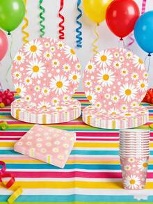 Juego de 10 piezas/Set de platos, tazas y servilletas desechables con estampado de margaritas, suministros para fiestas con tema floral, juego de vajilla para bodas, baby shower, fiestas de cumpleaños, color rosa - Multicolor - Ver 5