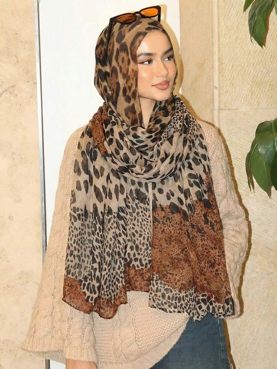1件装女士围巾，波西米亚豹纹印花头巾，轻盈透气，适合日常佩戴