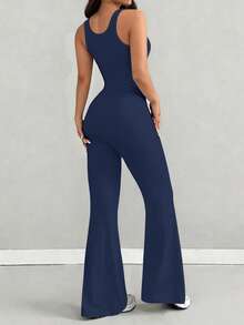 AITYI Studio 女士连体裤，修身合体，夏季休闲 U 领简约优雅藏蓝色性感舒适修身款，适合户外、通勤、运动、海滩、派对、Y2K 风格、乡村度假、节日、毕业典礼、复活节、音乐节、母亲节等场合，弹力针织吊带喇叭裤连体裤 - 藏藍 - 查看 3