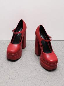 Women's Mary Jane Platform Chunky High Heels Pumps  Square Toe Solid Color Weddings Banquets Fashionable Y2K Shoes - 紅色 - 查看 4