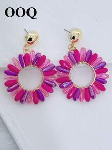 1 Pair Handmade Bohemian Style Crystal Beaded Sunflower Earrings, Minimalist Fashion Niche Geometric Earrings, Suitable For Women's Daily, Vacation, Party, Valentine's Day, Mother's Day, Wedding Season, Music Festival (Handmade Seed Bead Color And Placement Randomly Varied) - Hot Pink - View 3