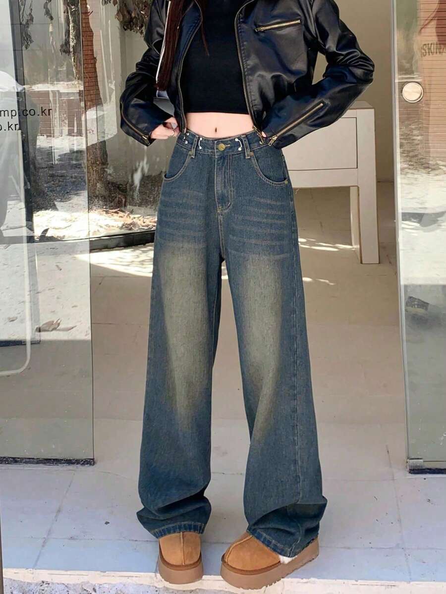 Women's Pocket Distressed Wide Leg Loose Casual Versatile Jeans - Dark Wash - View 1